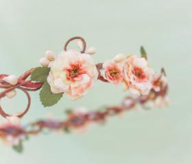 peach blossom flower crown, bridesmaid headpiece, floral head piece