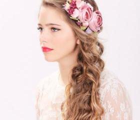 bridal flower hair crown, woodland wedding, pink flower, milinery flowerwedding hair accessories
