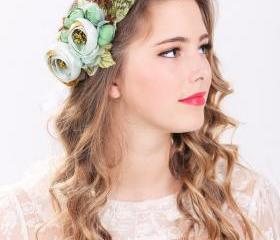 bridal flower hair crown, woodland wedding, sea foam flower, milinery flower