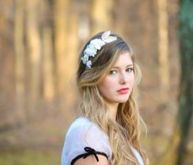 flower crown, bridal headband with velvet flowers and rhinestone