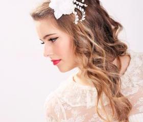 white bridal flower clip, wedding hair accessories, wedding flower clip silk flower hair clip
