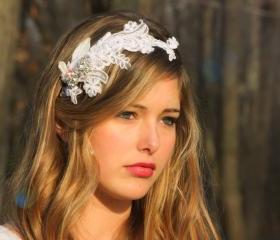 bridal headband, lace bridal halo, crystal rhinestone headpiece