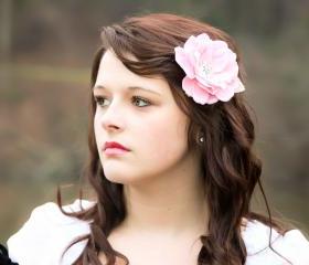 Bridal hair flower clip in petal pink gardenia with vintage rhinestone